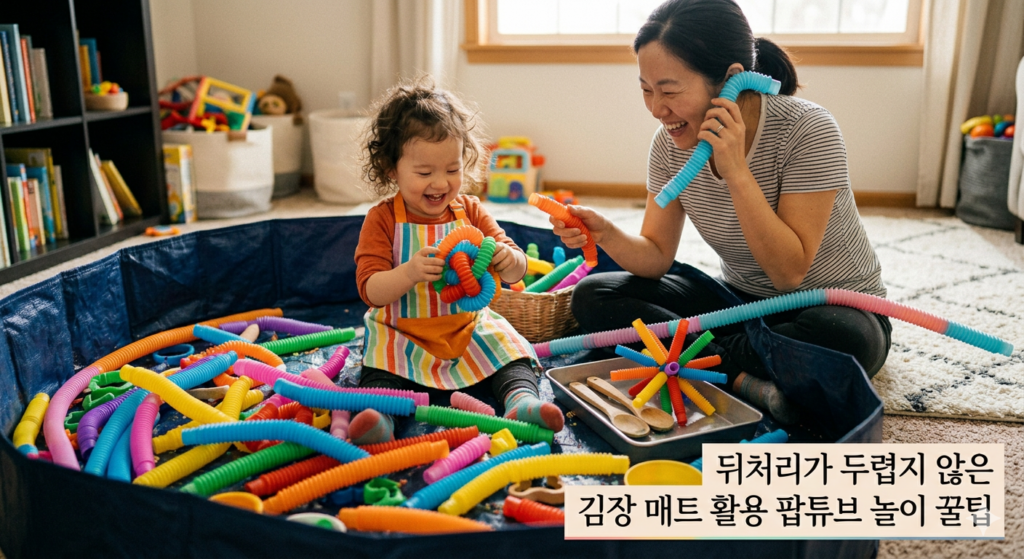 거실에서 알록달록한 팝튜브를 길게 늘이며 즐겁게 웃고 있는 엄마와 아이
